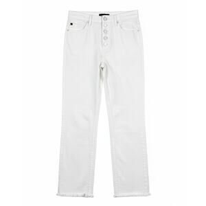 Kancan Women's 7/27 High Rise Button Fly Straight Leg Raw Hem‎ White Denim Jeans